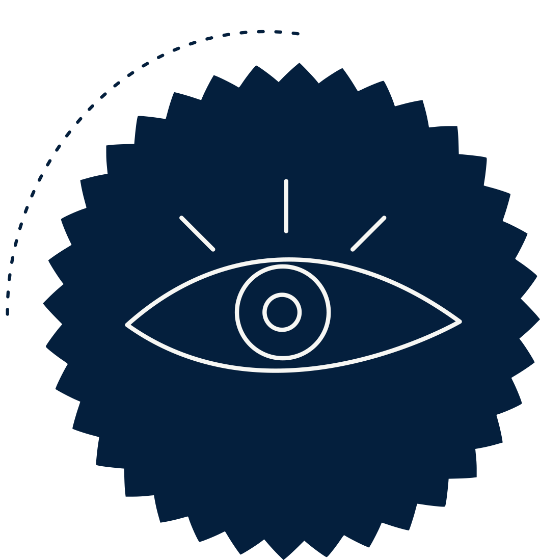 Icône d'un œil stylisé avec un cercle au centre, entouré de lignes lumineuses, sur un fond bleu avec une bordure en forme de rond pointillée.