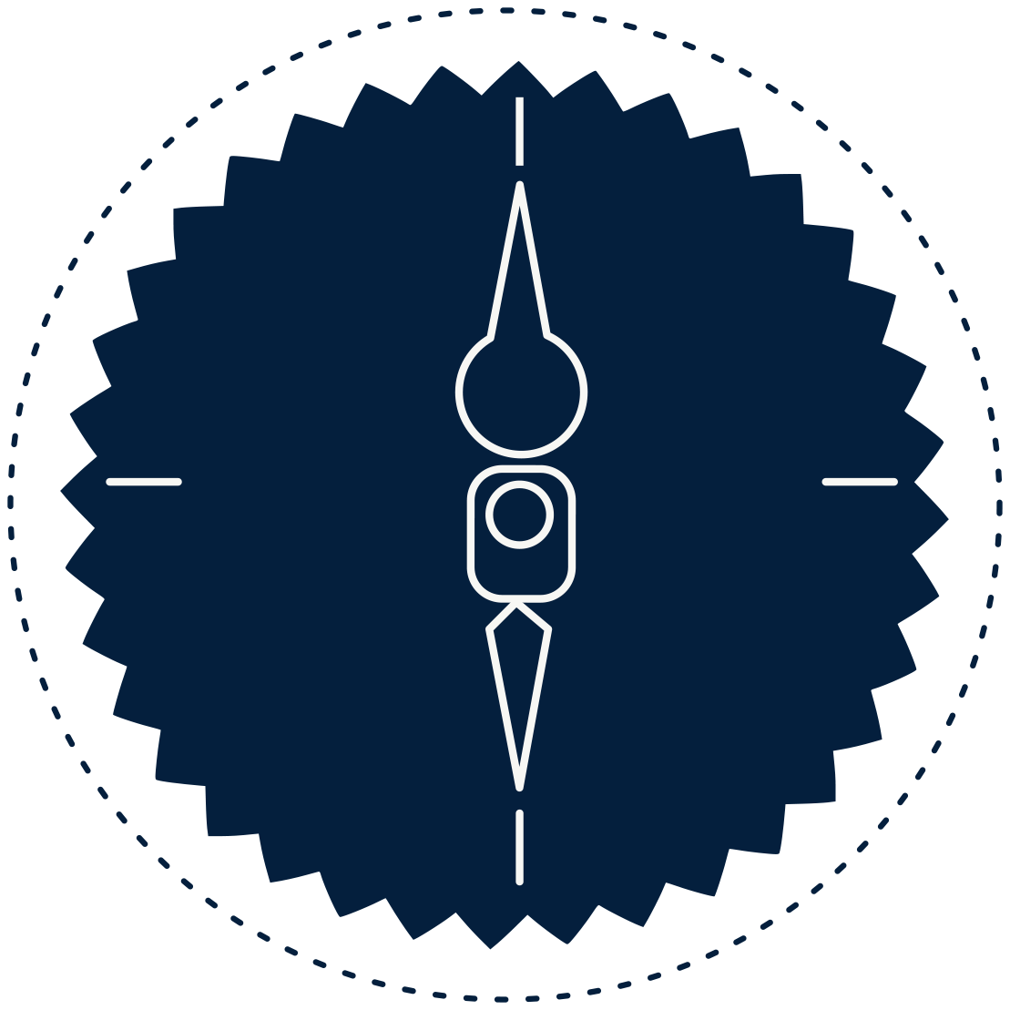 Une aiguille de montre ou de boussole pointant vers le haut, dessinée en ligne blanche sur un fond bleu foncé avec un motif en forme de roue dentée.