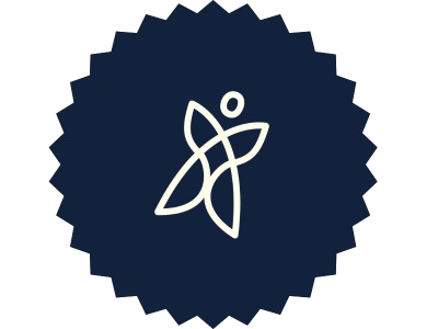Logo d'un dessin de papillon en ligne blanc sur fond bleu foncé.