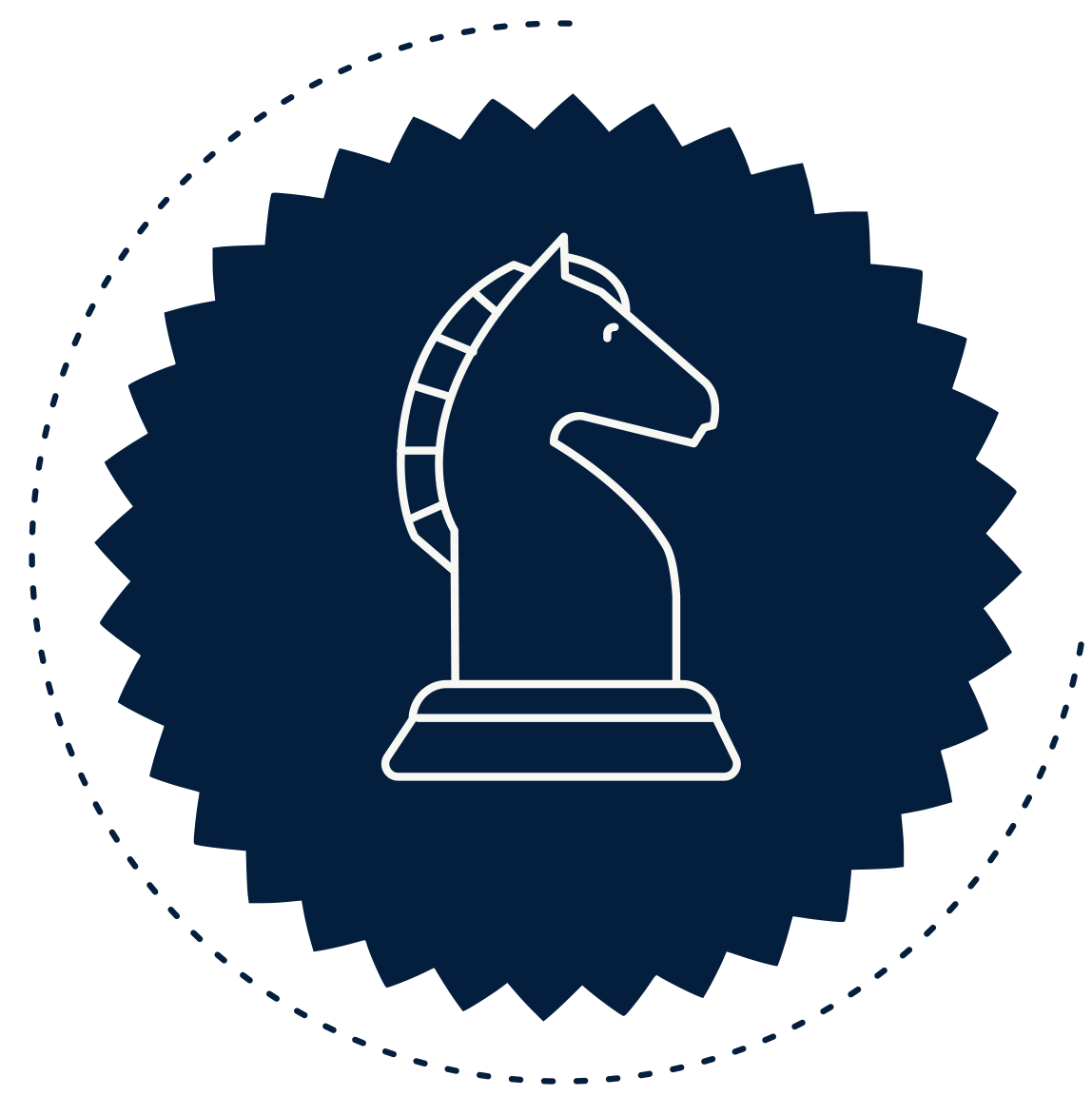 Logo minimaliste représentant un cheval d'échecs blanc sur fond bleu foncé avec une écharpe blanche, entouré d'un cercle de pointillés.