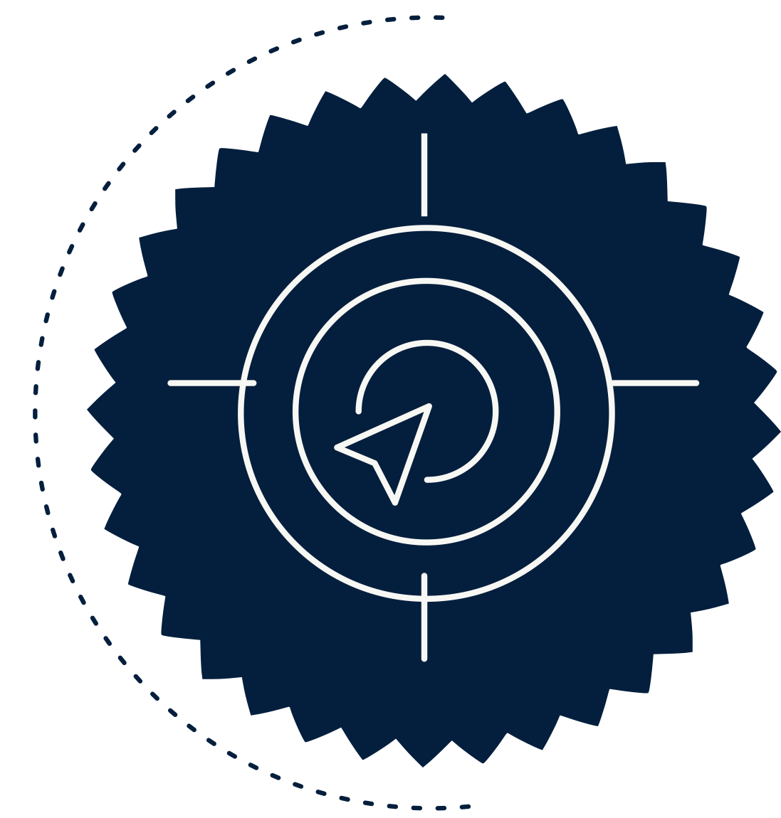 Un symbole de radar avec une cible et une flèche pointant vers le centre, sur un fond bleu foncé avec une bordure en forme d'étoile