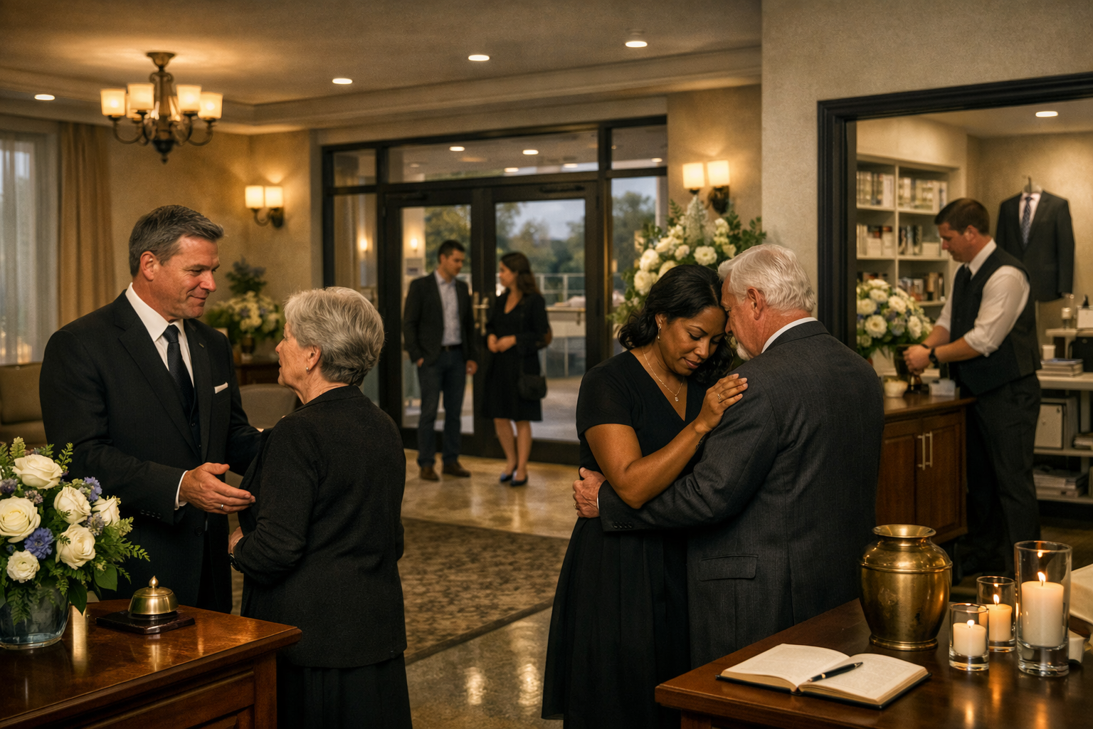 People dancing and talking at a formal gathering with candles, flowers, and a bookshelf in the background.