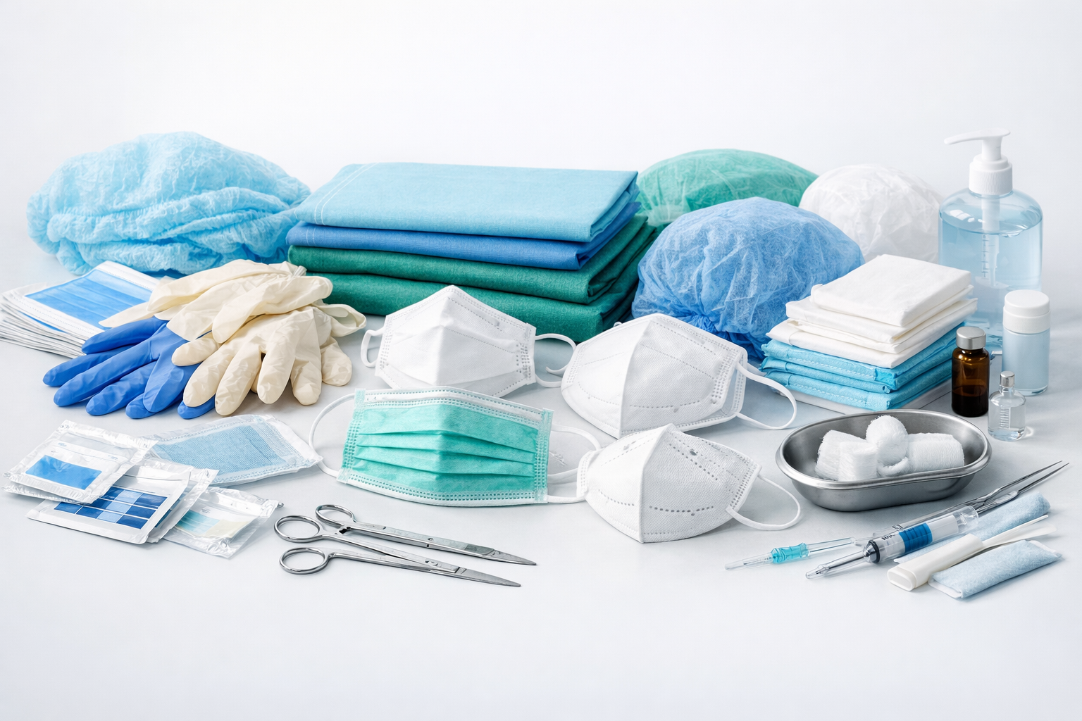 A variety of medical supplies including face masks, gloves, surgical gowns, syringes, alcohol swabs, disinfectant bottles, bandages, scissors, and other medical tools on a white surface.