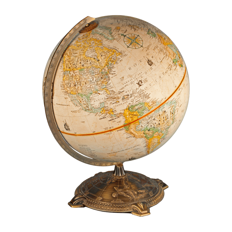 A vintage-style globe showing North and South America, with detailed country borders and labels, mounted on an ornate metal stand.