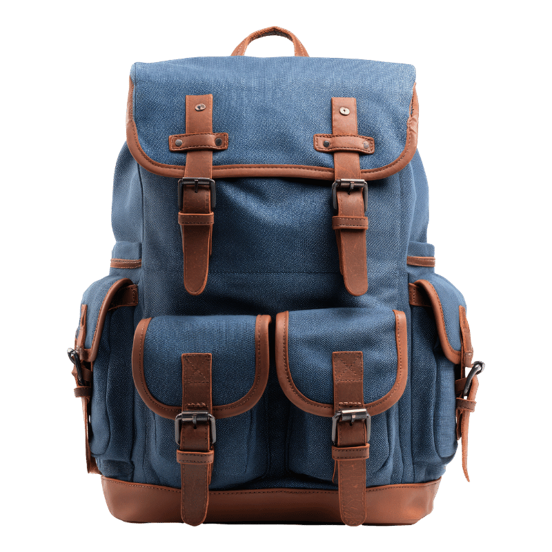 Blue backpack with multiple pockets and brown leather straps and accents.