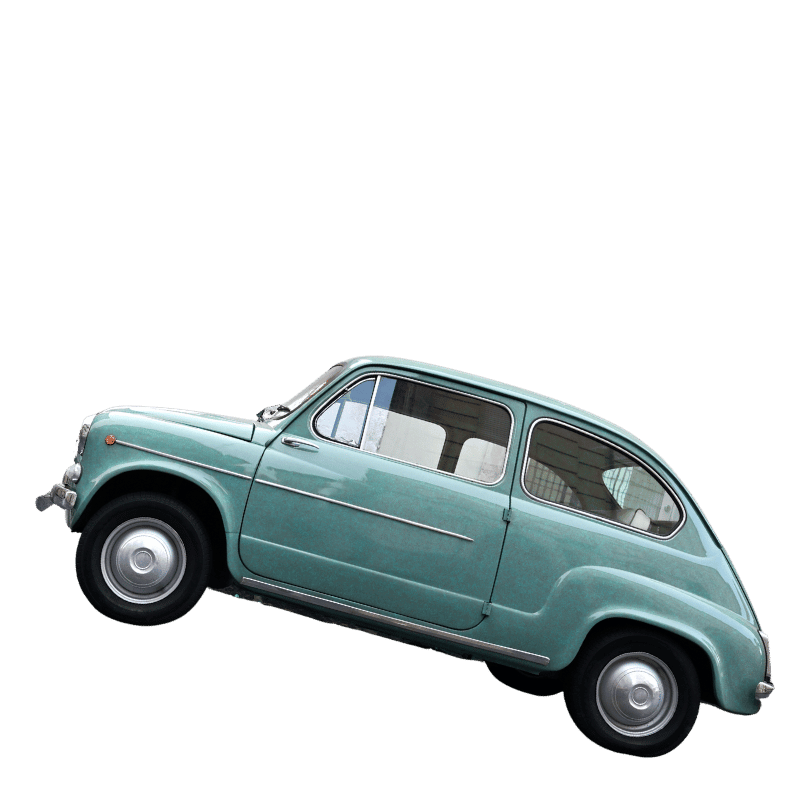Miniature vintage teal car with a rounded shape and European design.