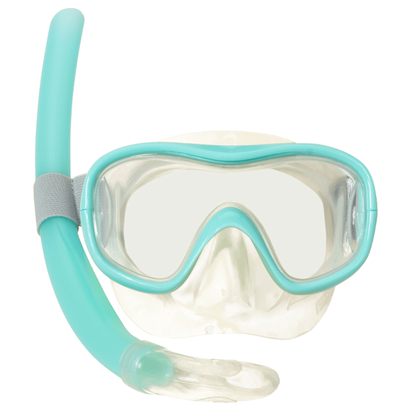 A snorkel and diving mask set with a blue snorkel tube and a clear, blue-framed mask with a beige silicone skirt.
