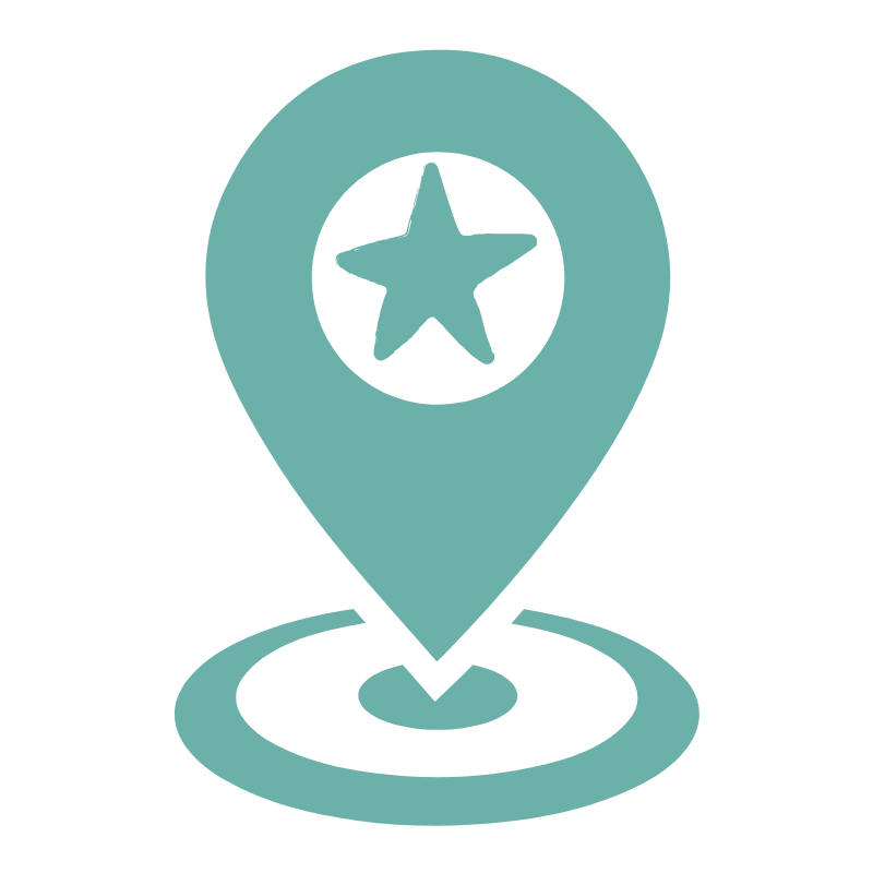Map marker icon with a star inside, indicating a location or point of interest.