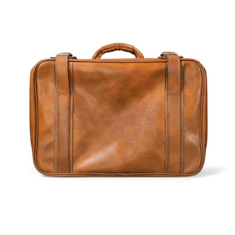 Brown leather briefcase with handles on top and straps on the sides.