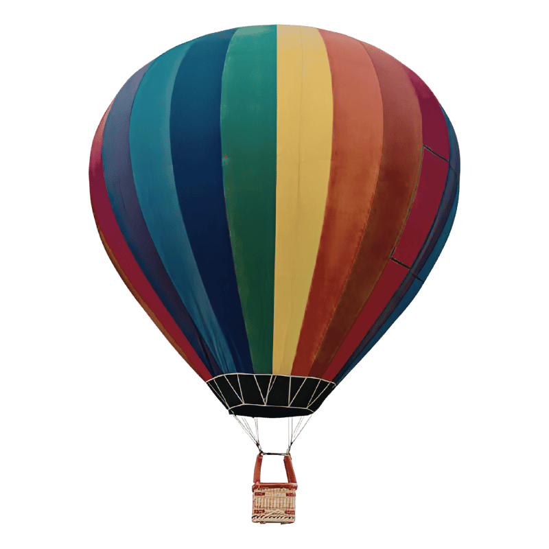 Colorful hot air balloon with rainbow stripes floating in the sky.