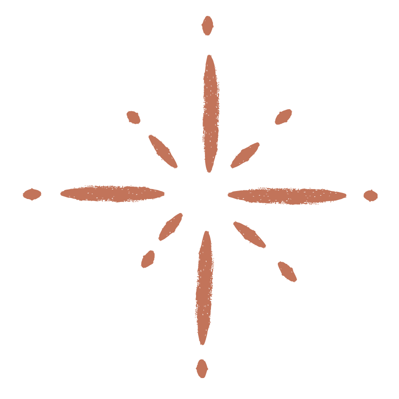 A minimalist star-shaped design with elongated points and small oval accents, in brown color on a black background.