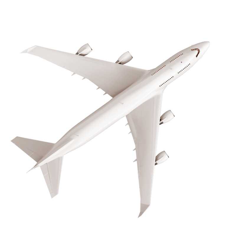 A white model airplane flying against a black background.