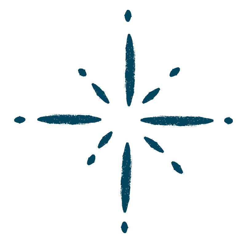 A blue star-shaped symbol with elongated points and small oval accents around it.