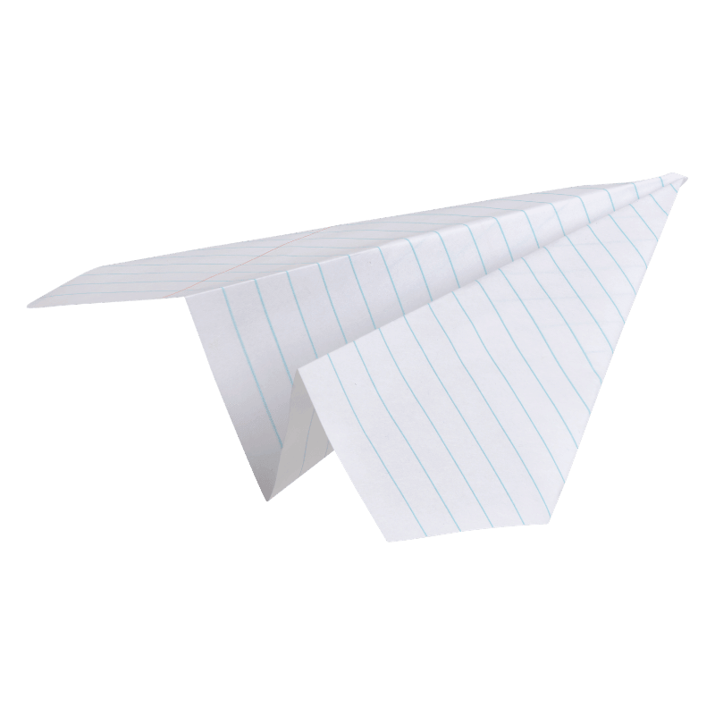 A paper airplane made from lined notebook paper against a black background.