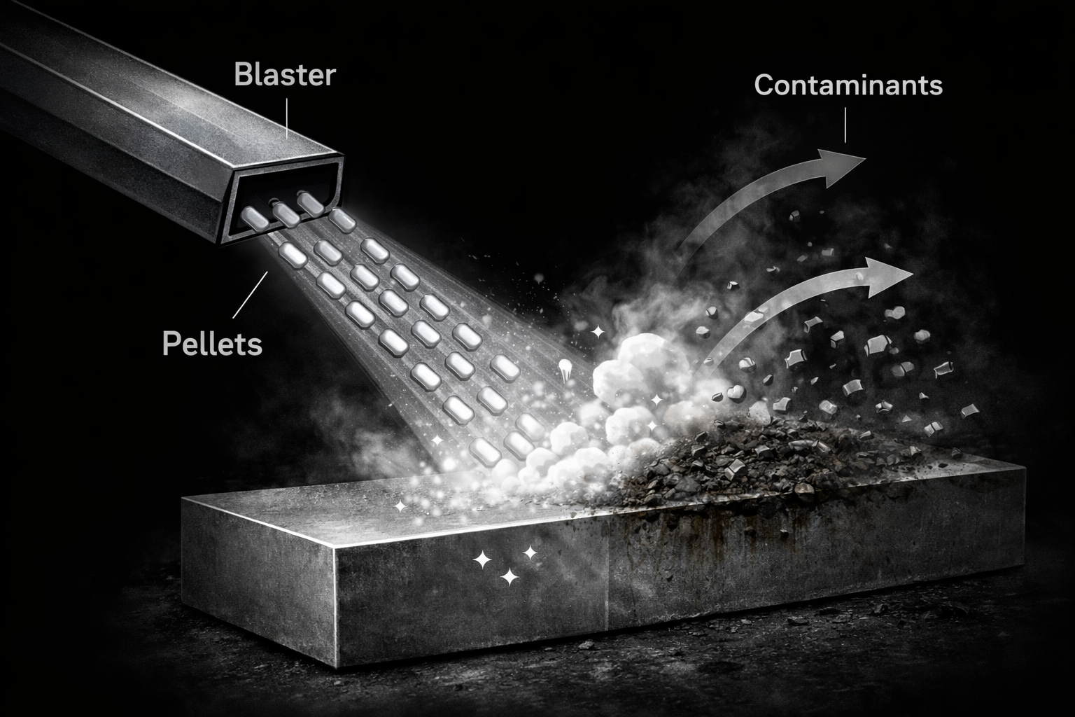 Diagram of a dry ice blaster, with contaminants being expelled from the process.