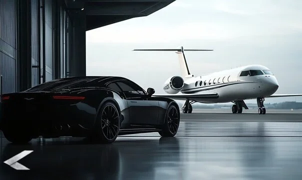 A black luxury sports car parked inside an airport hangar with a private jet in the background.