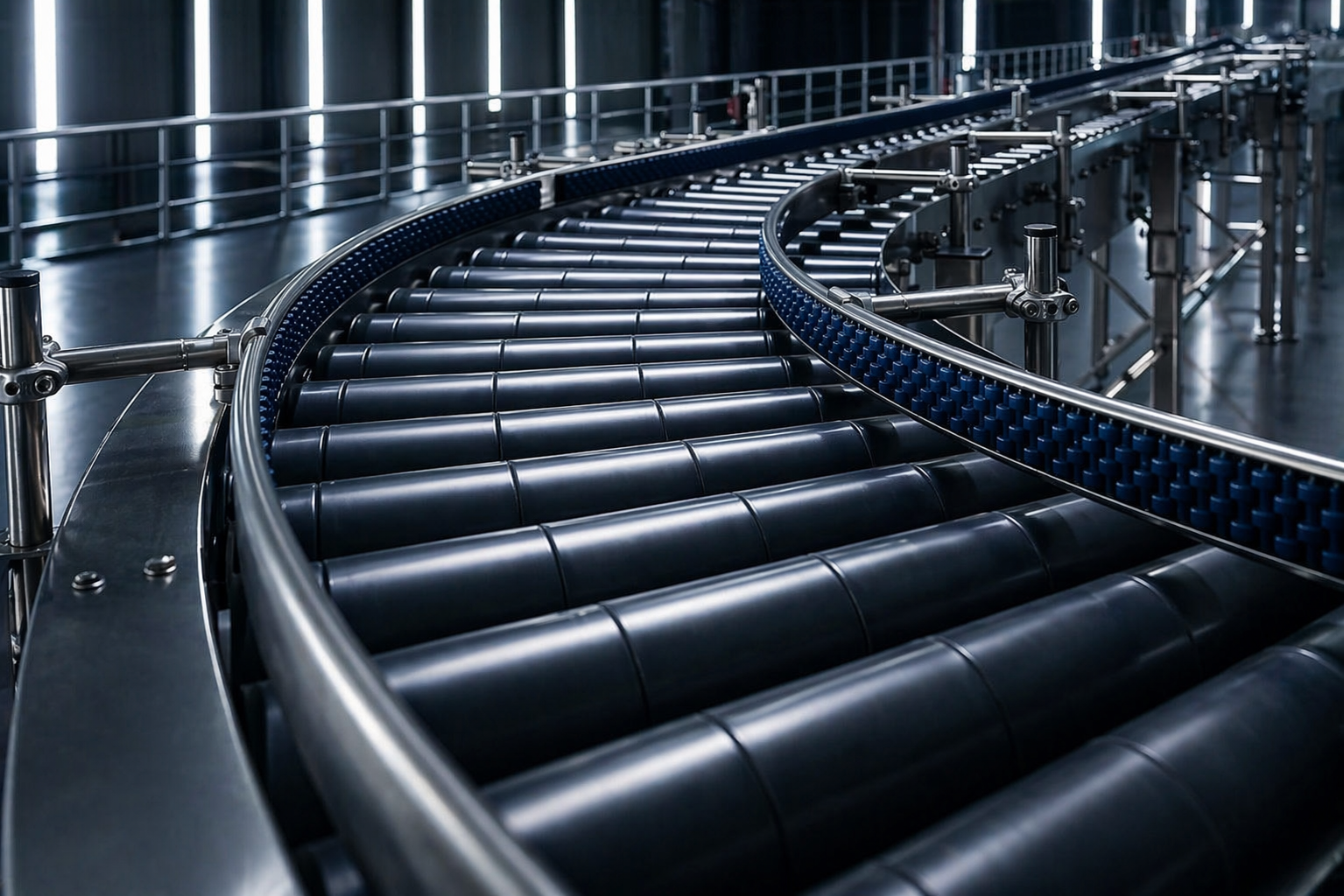Inside a factory or warehouse with a curved conveyor belt system, black rollers, and blue rollers, supported by metallic frames.