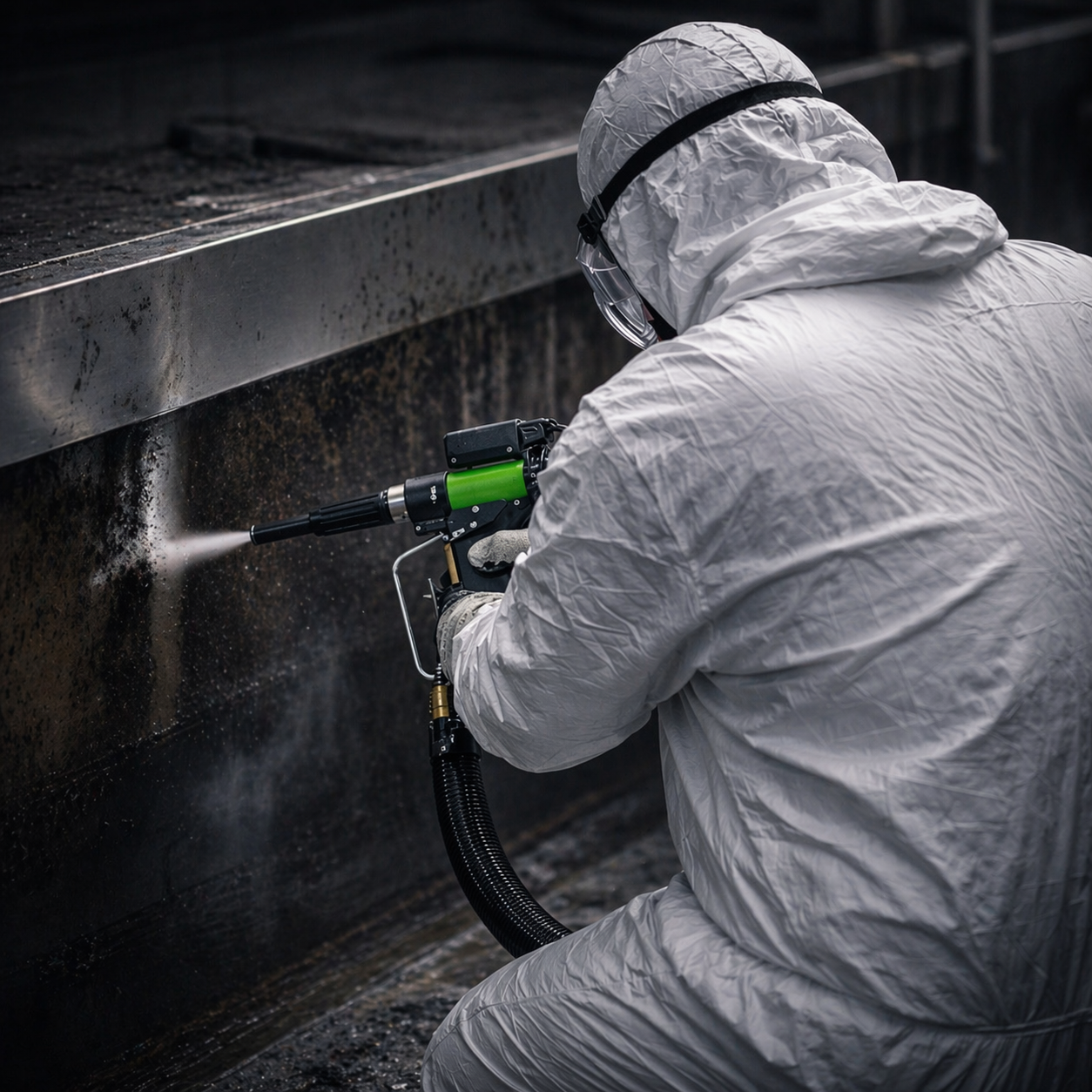 A person wearing protective gear is using a dry ice blaster to clean a  metal surface.