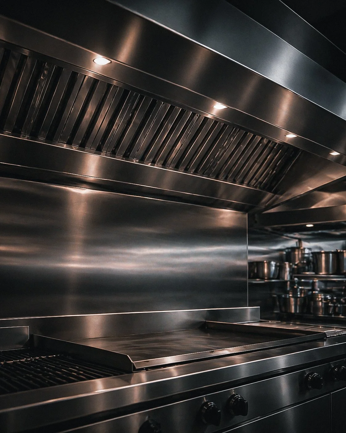 Stainless steel commercial kitchen oven and exhaust hood with vent slats and control knobs.