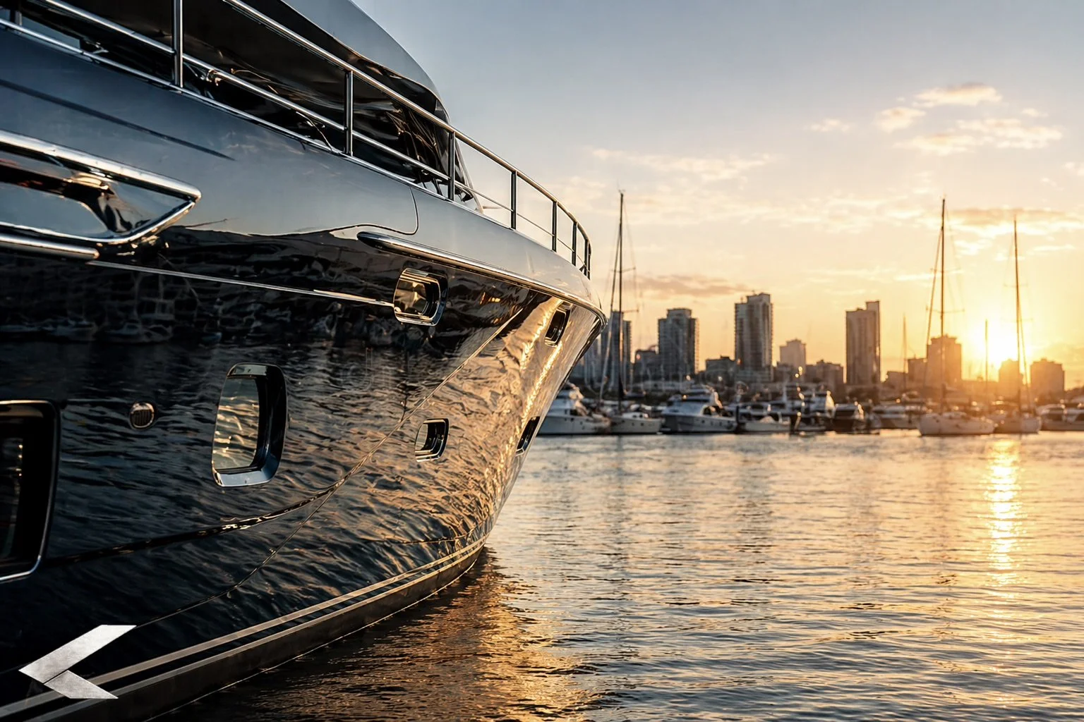 Close-up of a luxury yacht at dock with city skyline and sunset in the background.