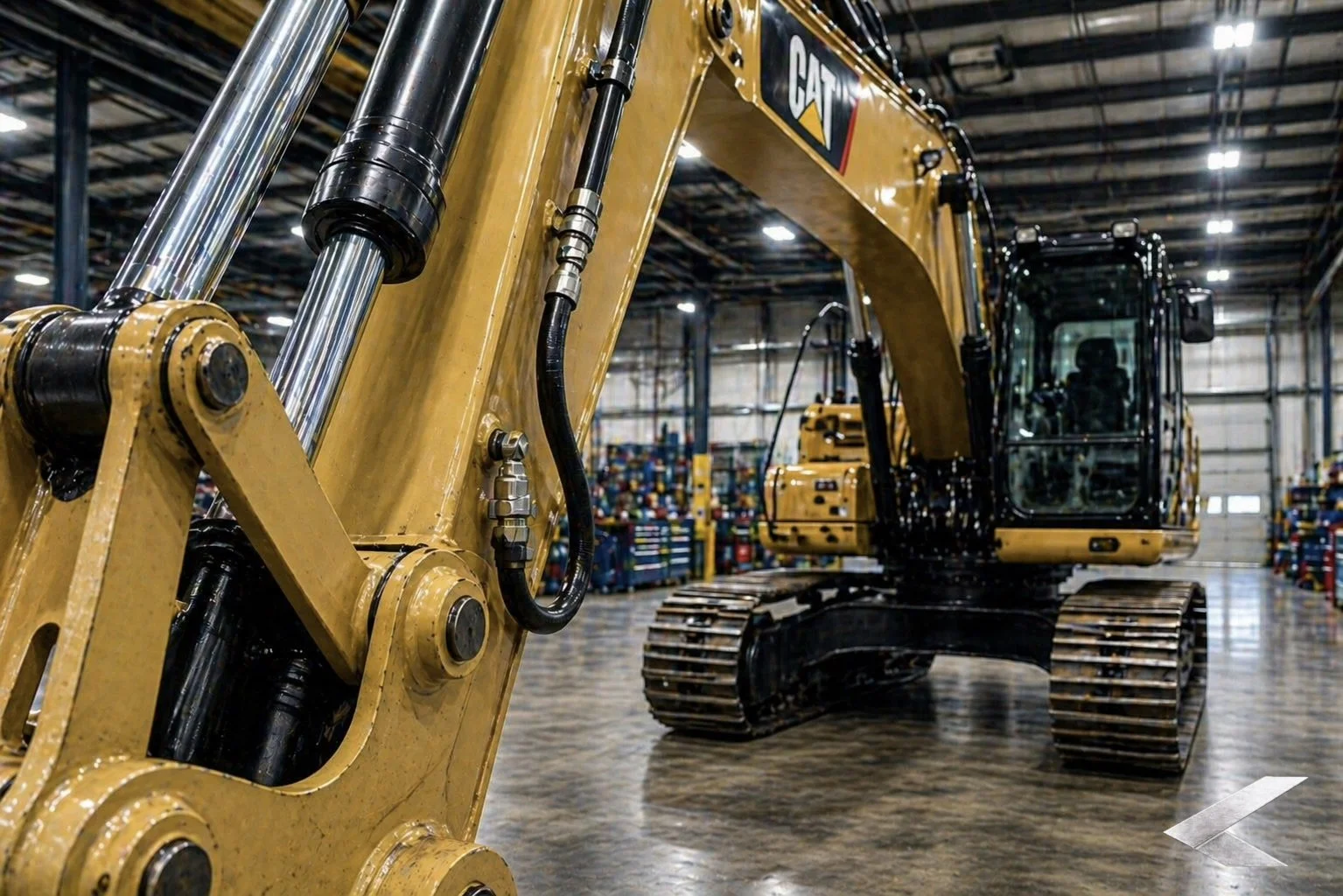 Close-up of a large yellow Caterpillar excavator inside a warehouse.