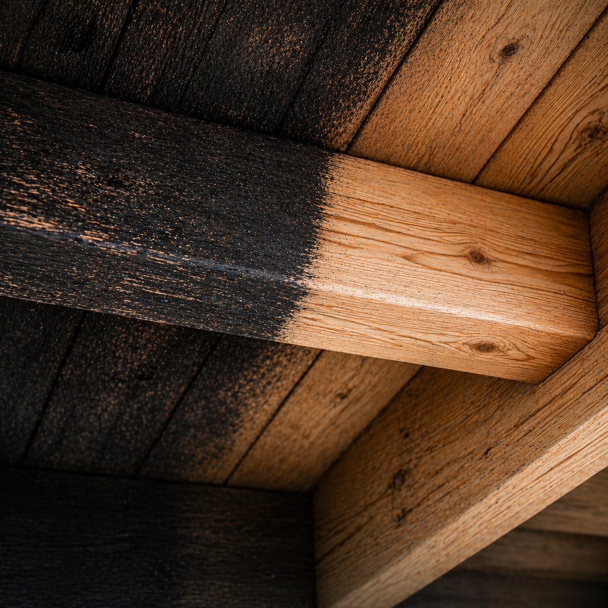 Close-up of a wooden ceiling construction revealing natural and charred wood beams.