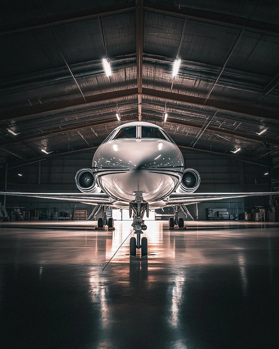 Front view of a private jet inside an aircraft hangar with polished floors and metallic ceiling.
