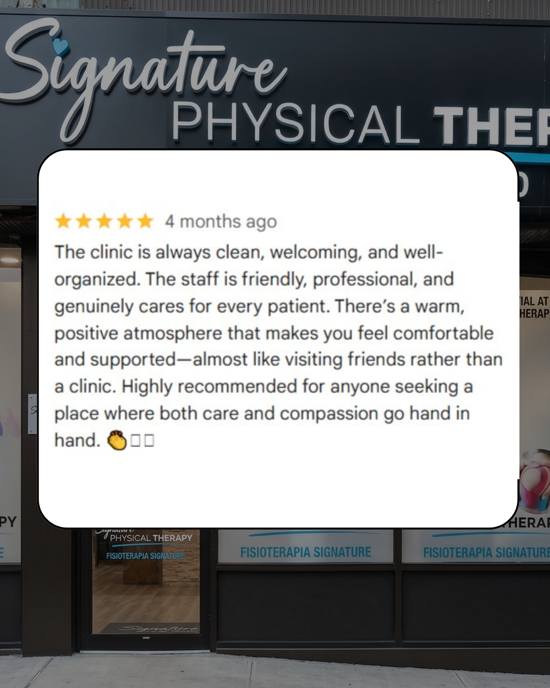 Patient review for Signature PT in Manhattan: A testimonial highlighting our clean, welcoming environment and compassionate staff.