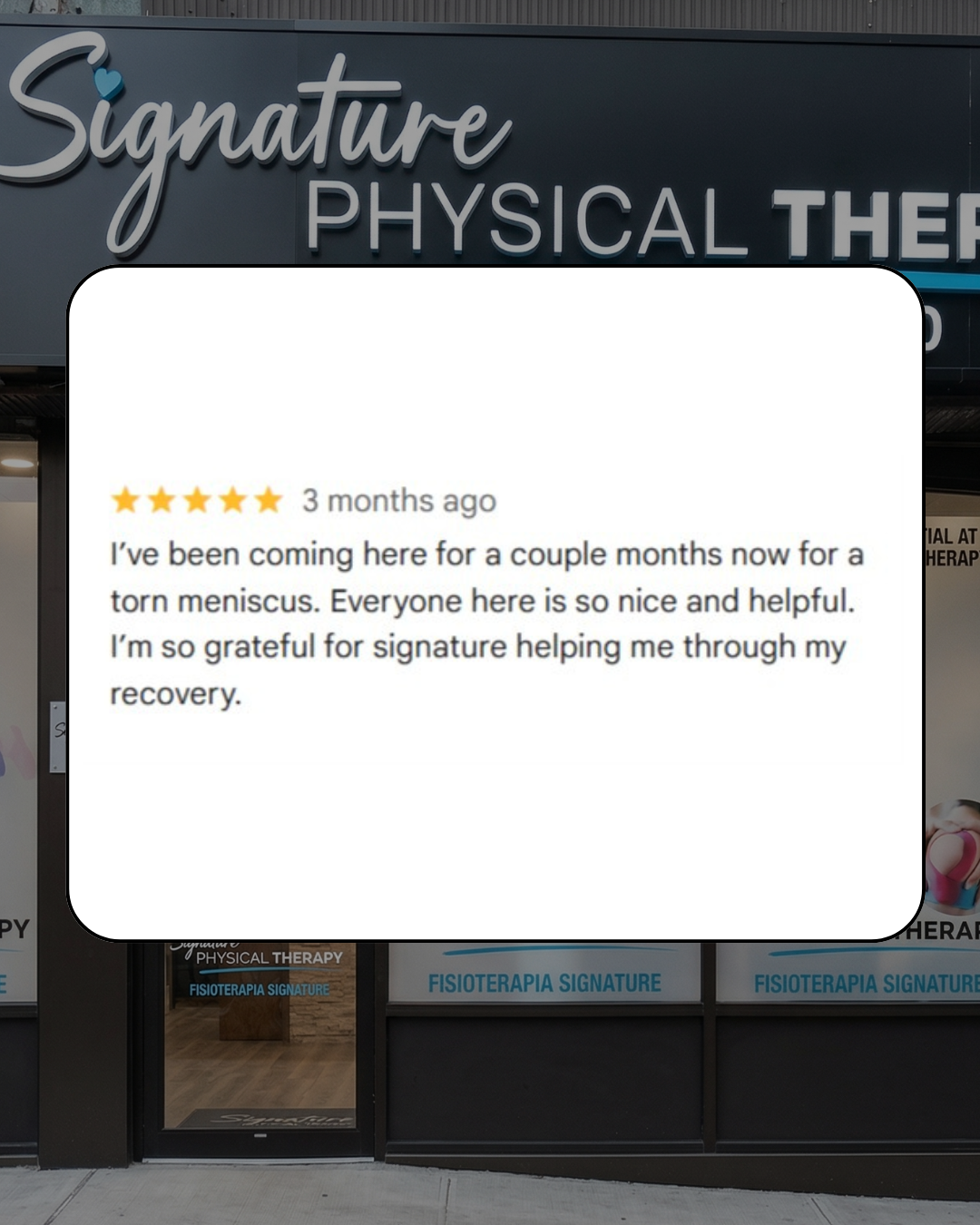 Signature PT success story: A patient shares their positive recovery journey after a torn meniscus injury in NYC.