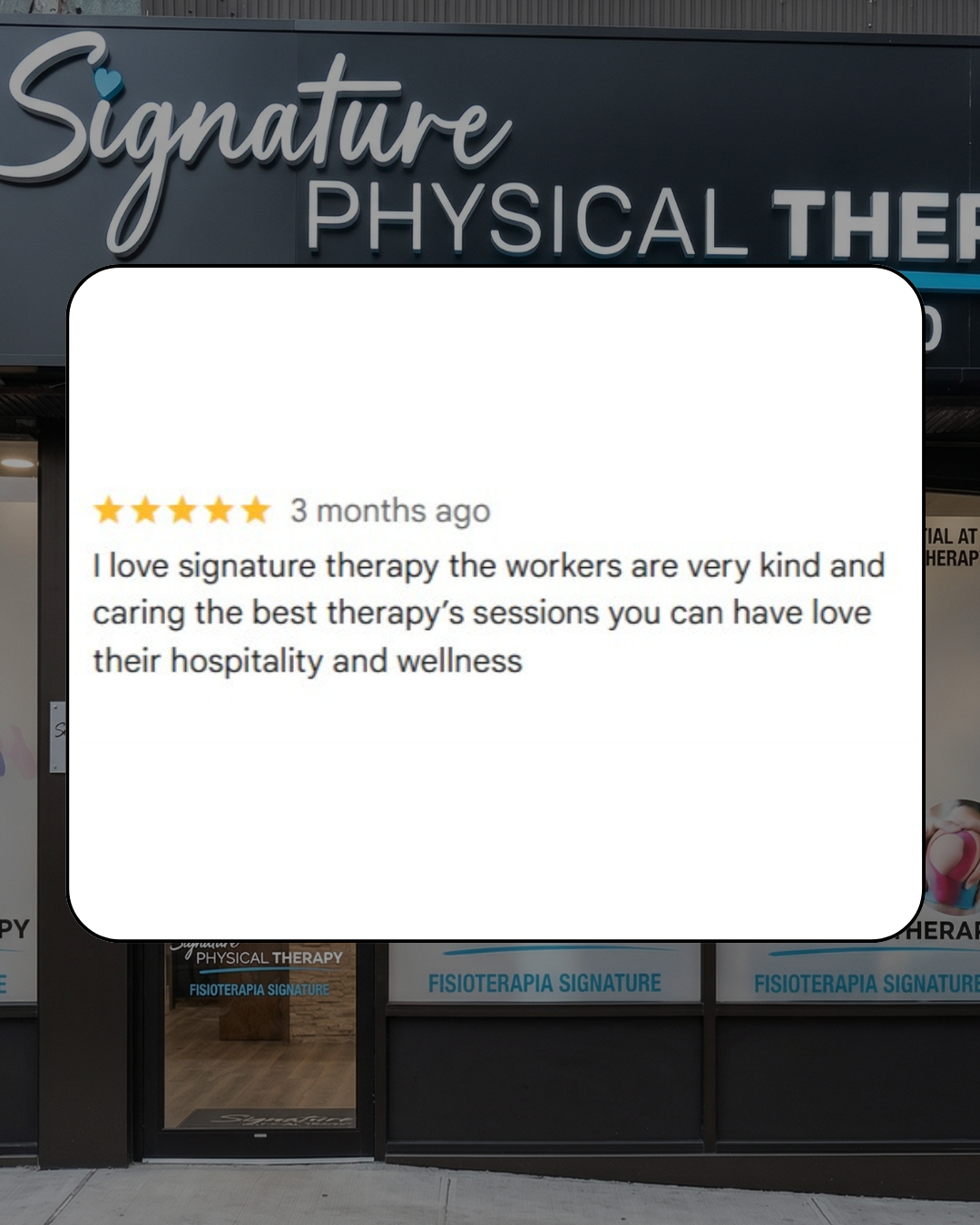 Patient review: Highlighting the hospitality, kindness, and wellness focus at Signature Physical Therapy.