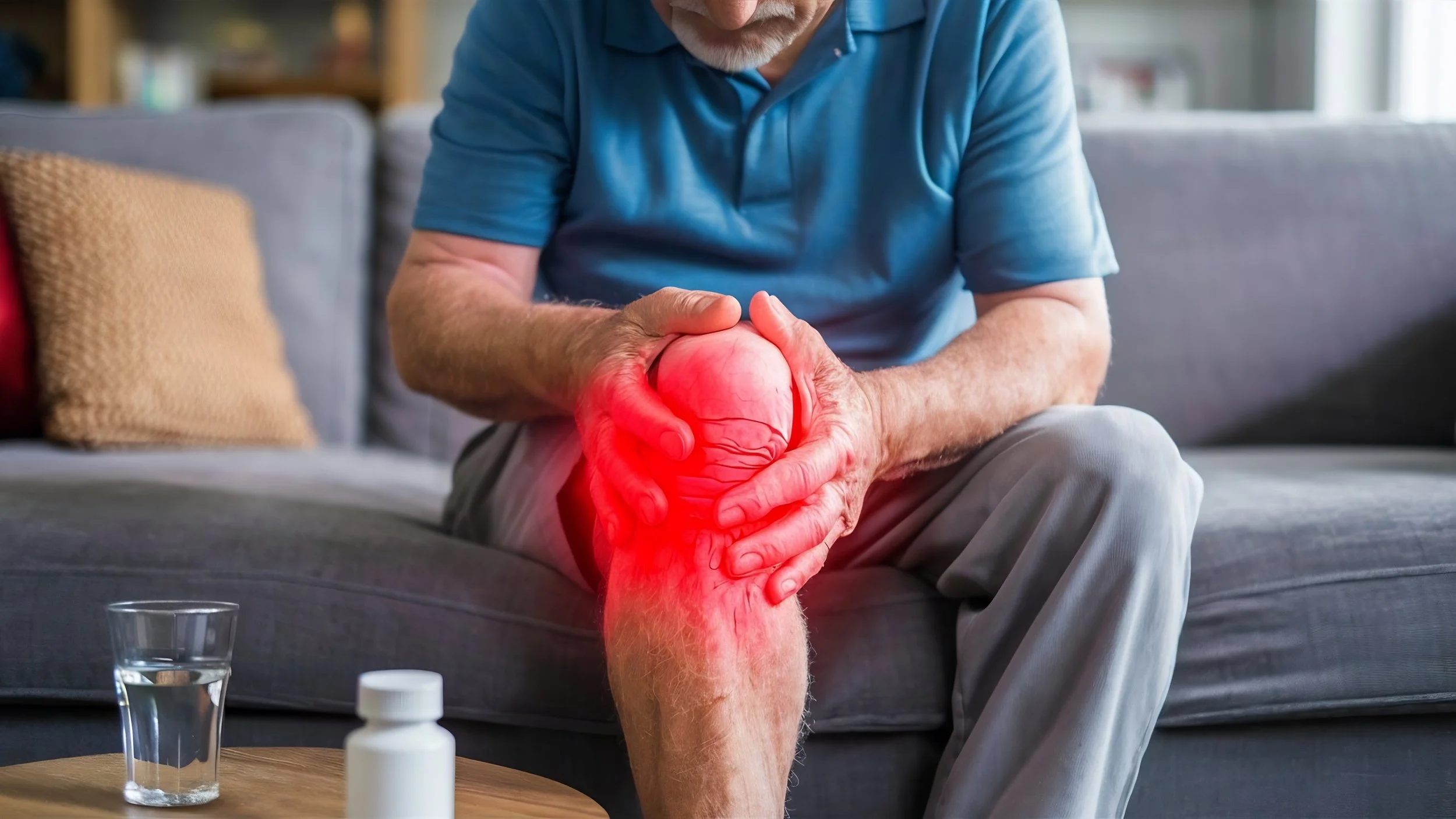 Close-up of an elderly man holding a swollen knee with a red pain indicator, illustrating symptoms of osteoarthritis and joint inflammation.