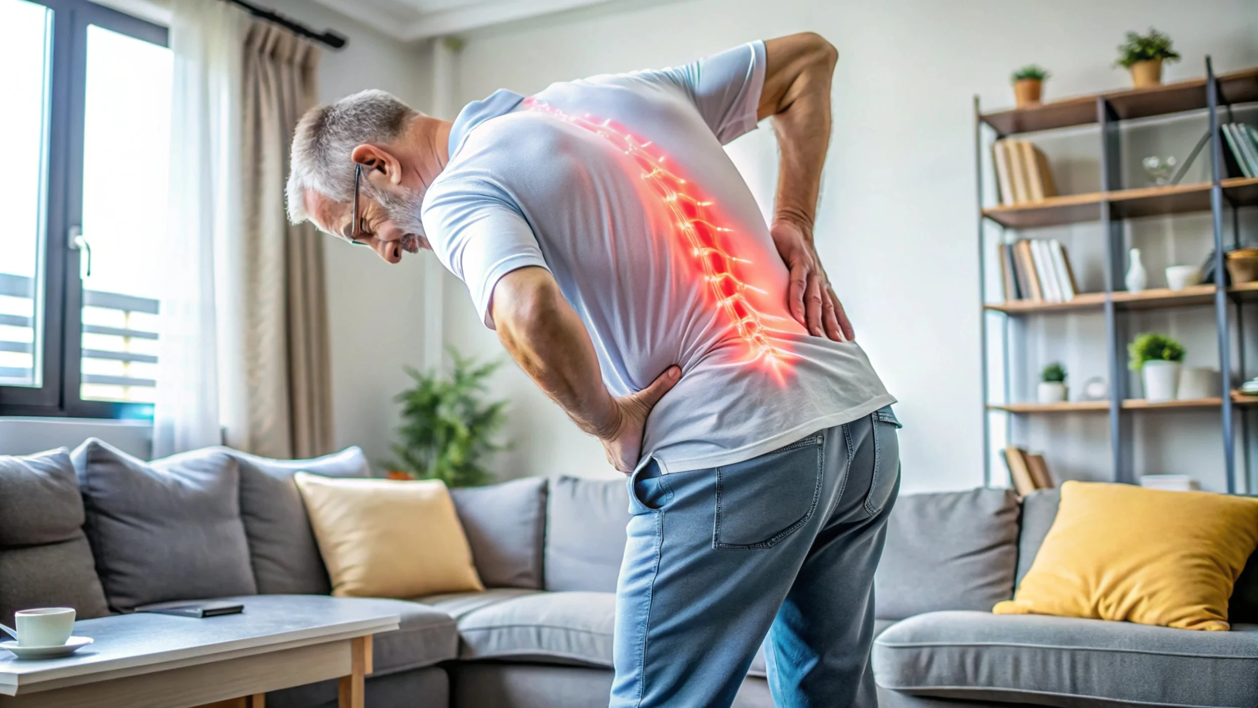 An elderly man standing in a living room, clutching his back with a red glow overlay highlighting severe spinal stiffness and chronic pain symptoms.