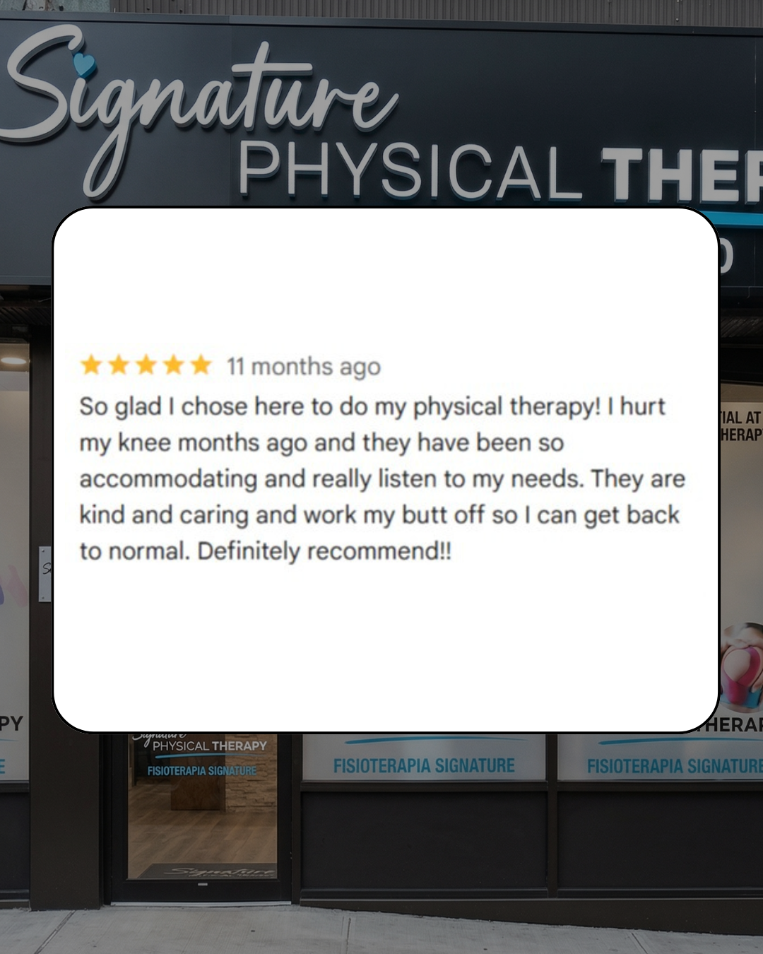 Patient testimonial: A success story regarding post-surgical rehabilitation and attentive care at Signature Physical Therapy.
