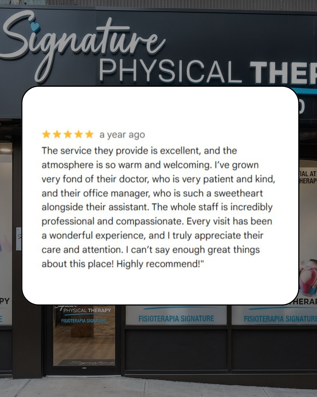 Bilingual patient review for Signature PT: A testimonial in Spanish/English about our expert physical therapy care in Manhattan.