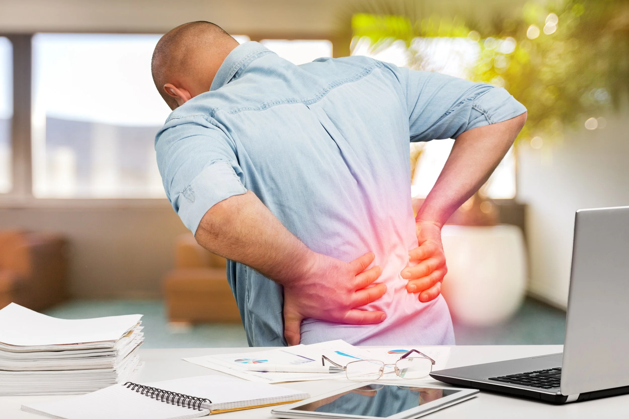 An office worker sitting at his desk clutching a painful lower back with a red pain indicator, seeking back pain physical therapy in Manhattan.