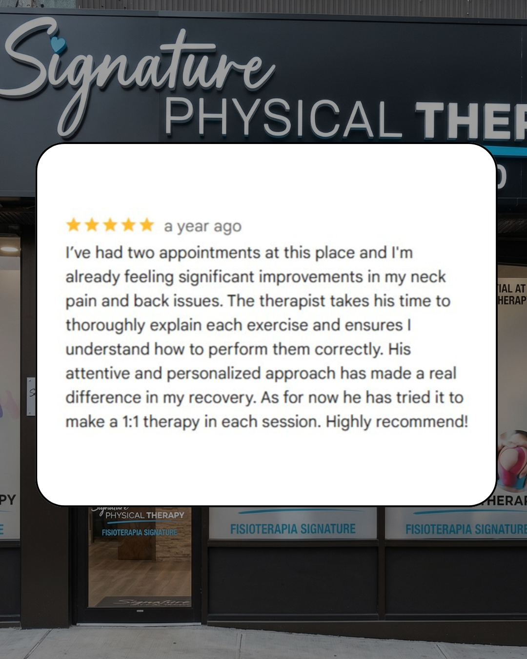 Neck and back pain success story: A patient review praising our personalized 1:1 therapy approach and clear exercise instruction.