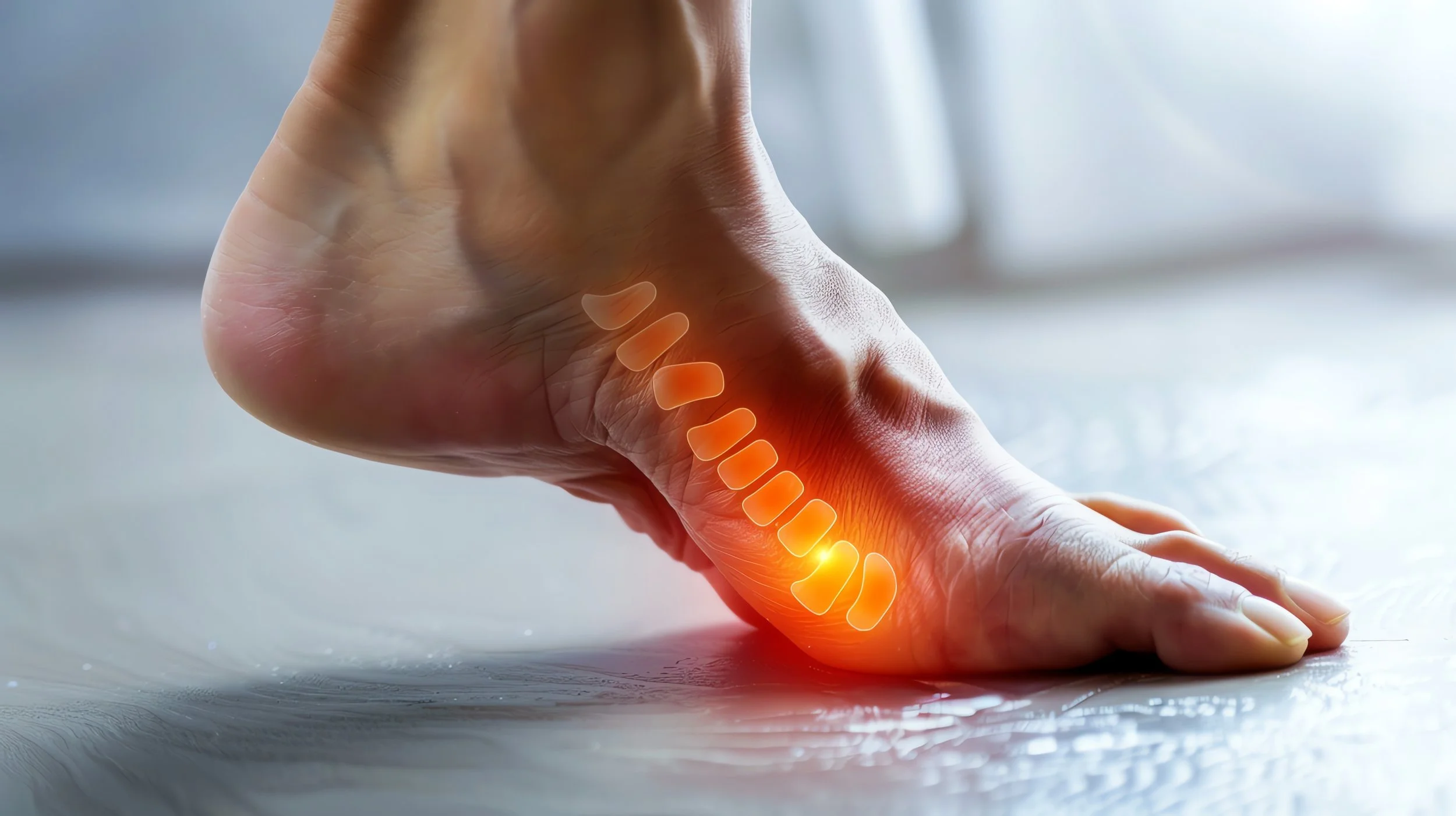 Close-up of a foot with glowing orange skeletal metatarsal bones, illustrating specific anatomical causes of ball-of-foot and arch pain.