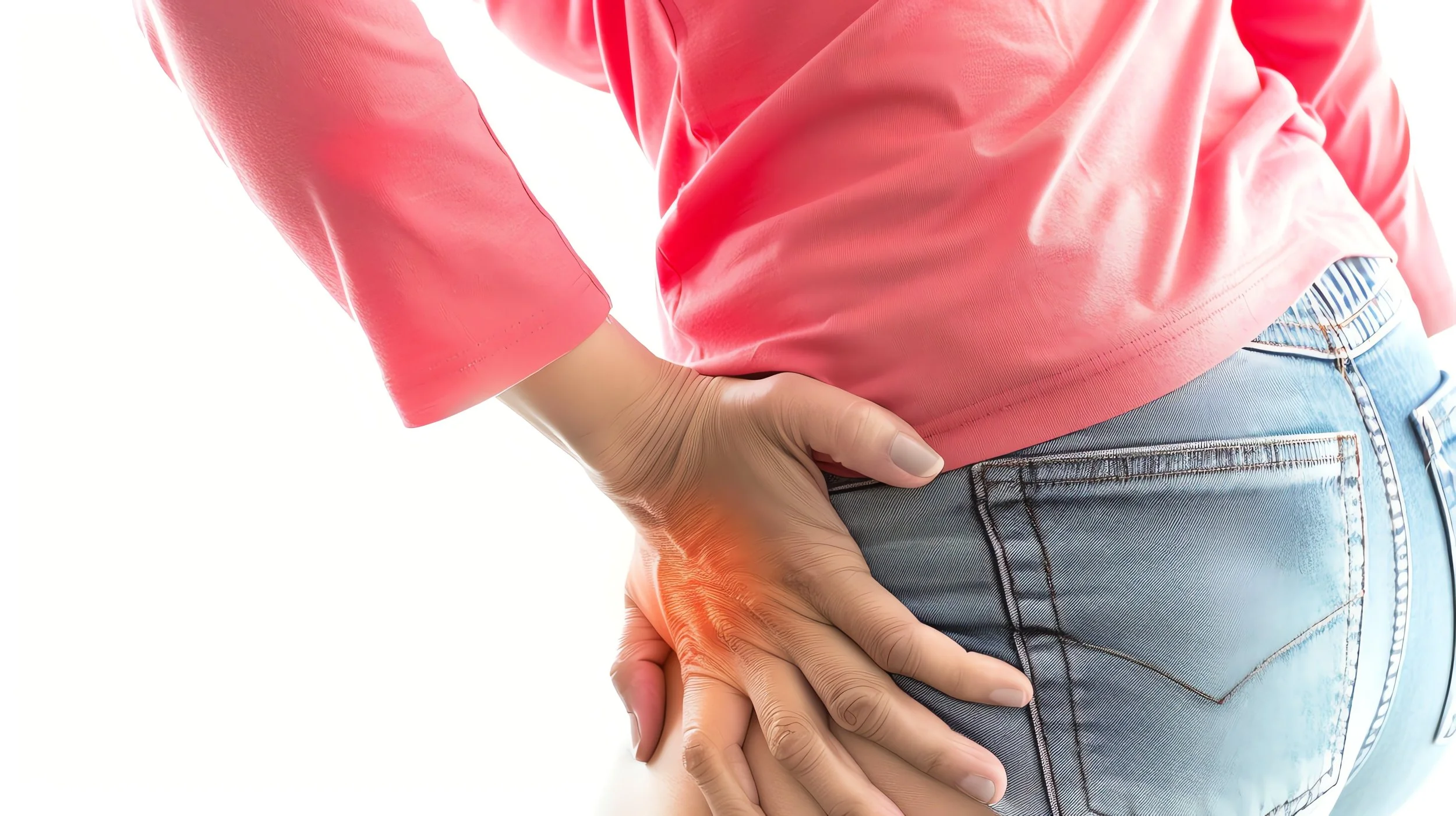 Close-up of a person in casual wear holding their lateral hip with a bright red pain indicator overlay, illustrating symptoms of bursitis and joint inflammation.