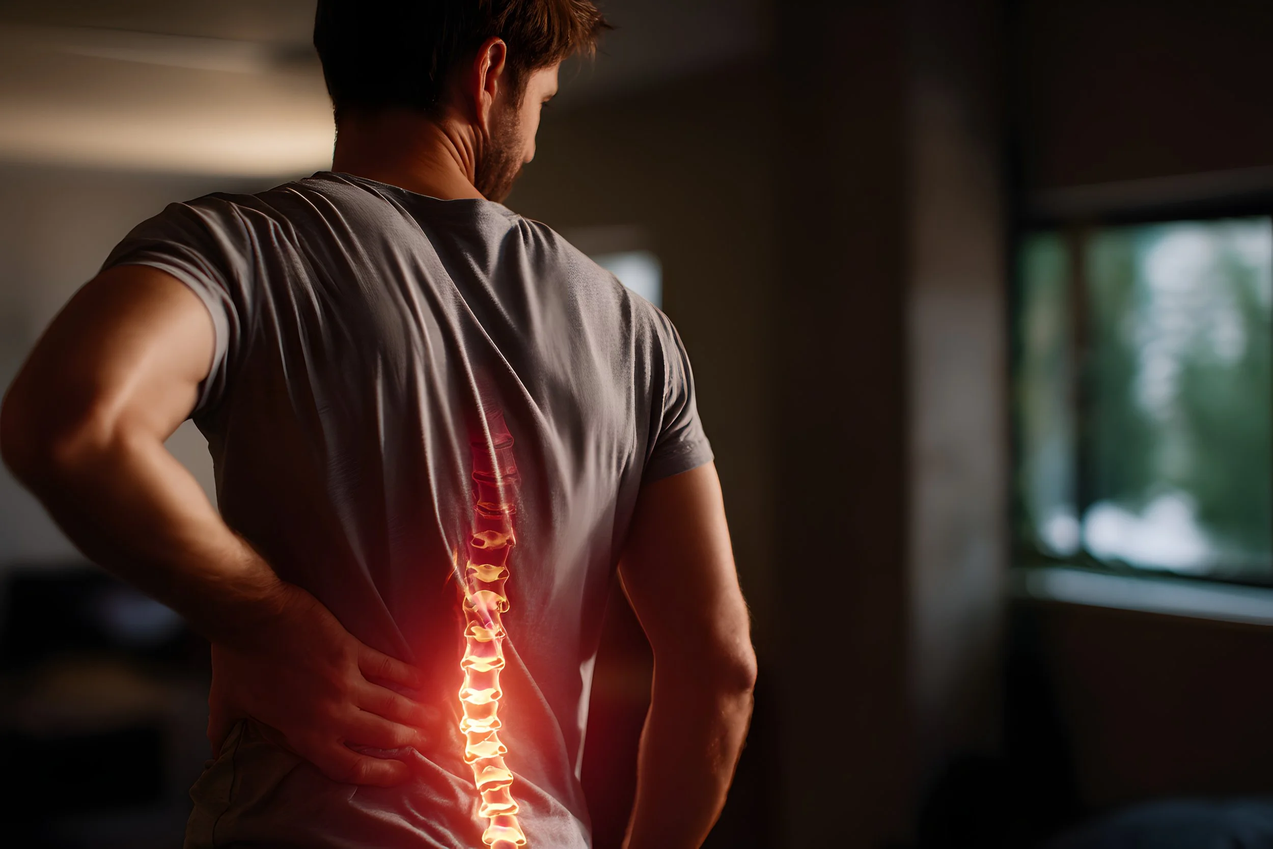A man holding his lower back with a glowing anatomical spinal column overlay, illustrating how poor posture causes chronic disc strain and back pain.