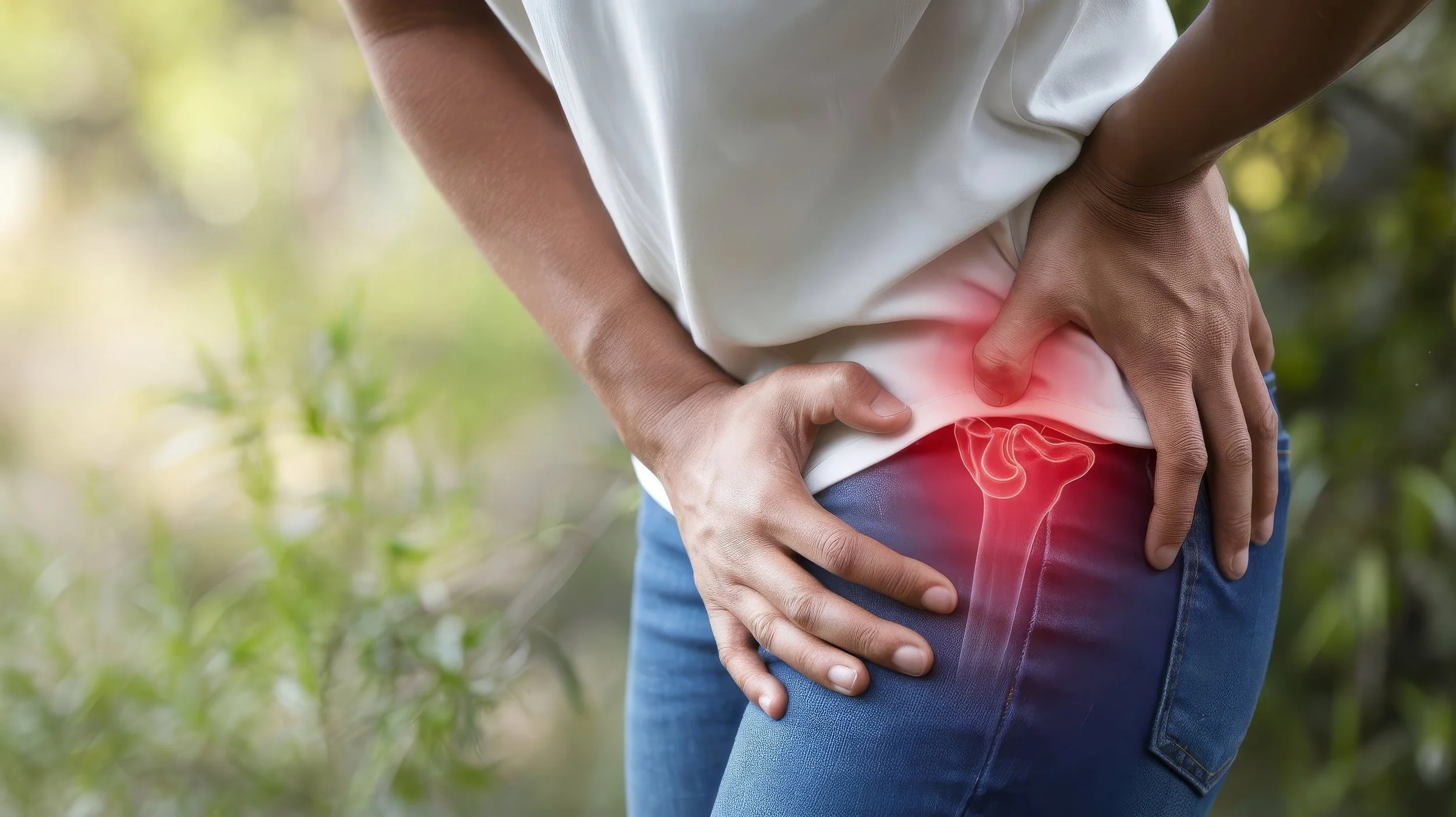 Close-up of a person with short brown hair suffering from severe hip joint pain, seeking physical therapy in Manhattan at Signature PT.
