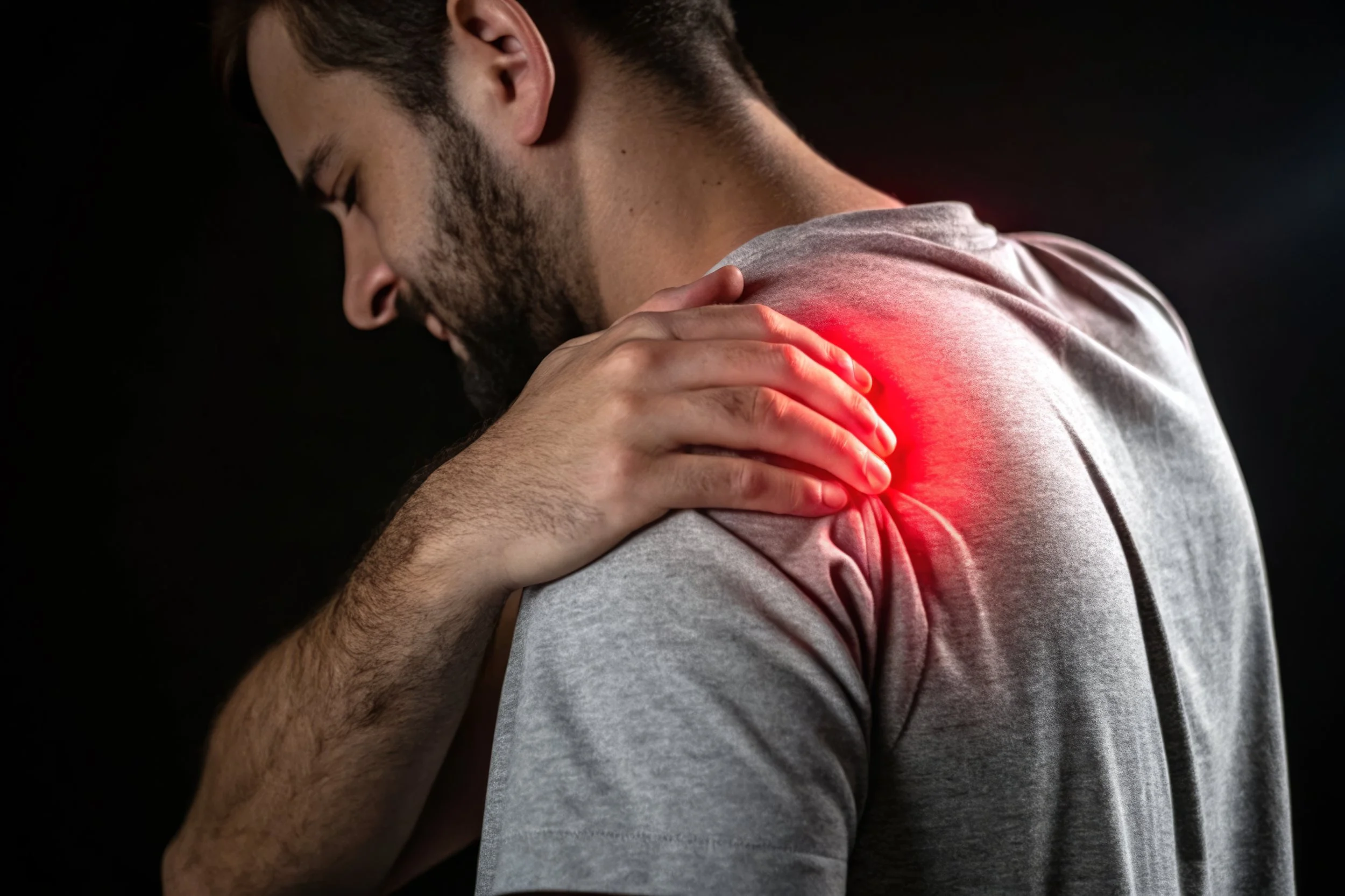 A man holding his shoulder with a bright red pain indicator overlay, illustrating symptoms of rotator cuff tendonitis and shoulder inflammation.