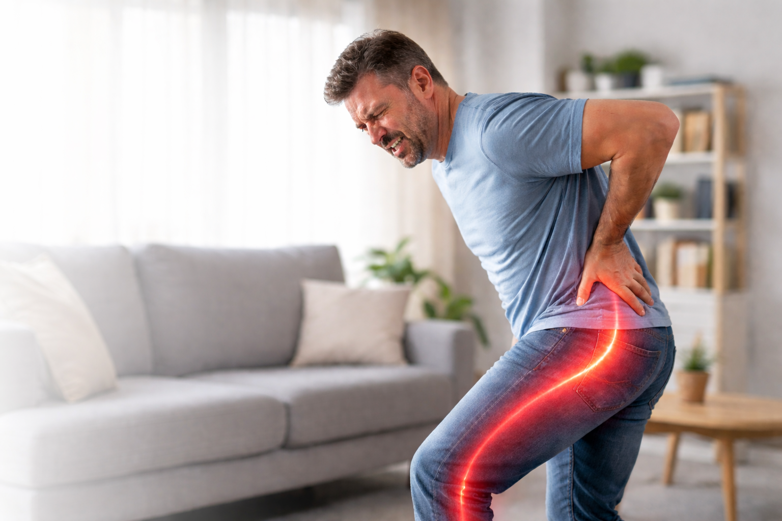 A man clutching his lower back and leg in pain, with a red glow illustrating sciatica.