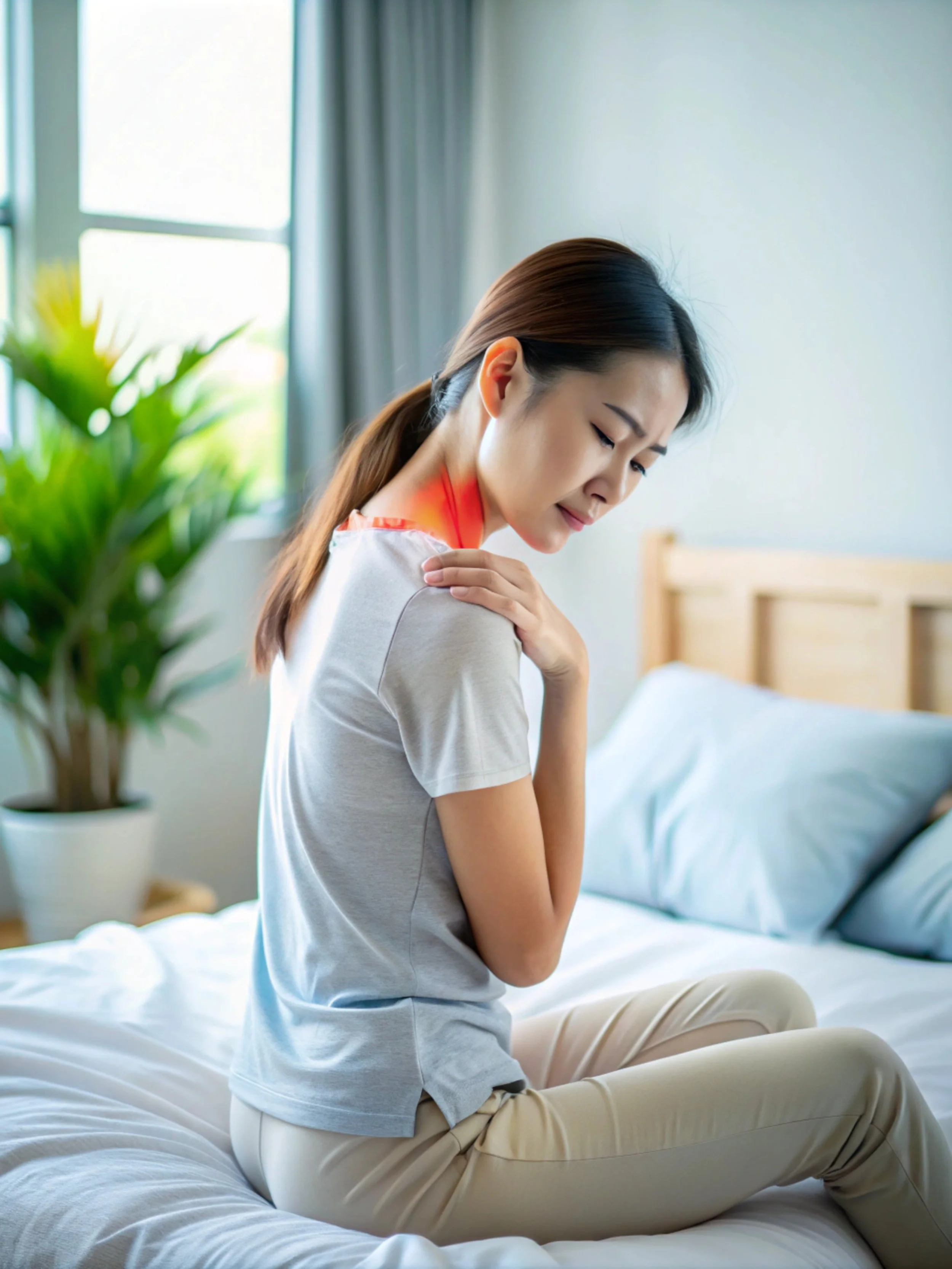 A woman holding her sore shoulder due to a rotator cuff injury or impingement, seeking expert physical therapy at Signature PT in Manhattan.
