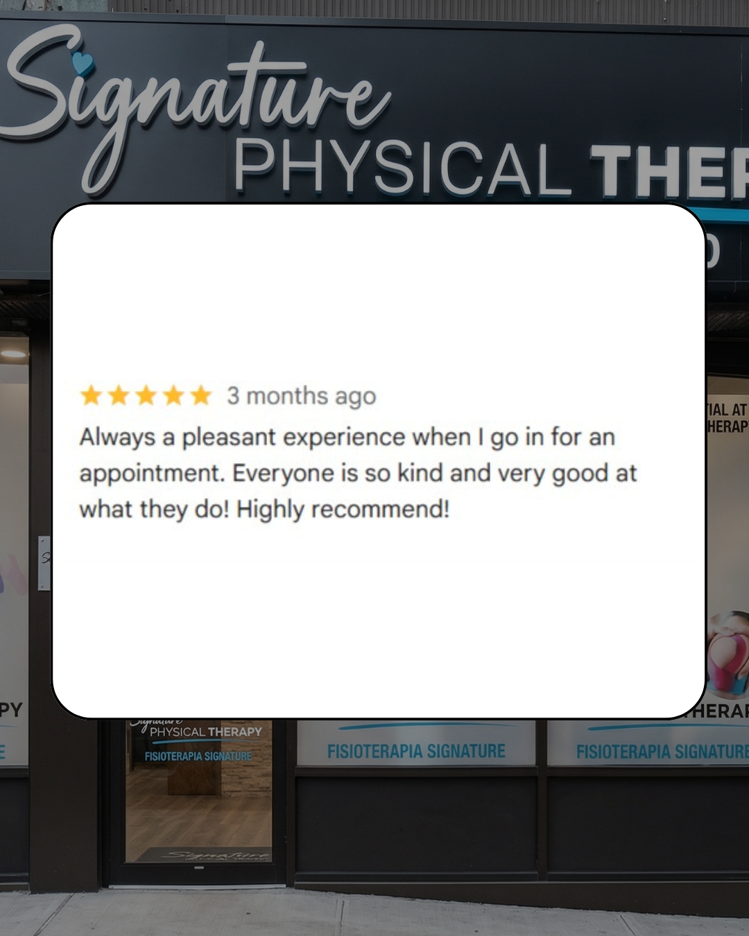 5-star patient review for Signature PT: A testimonial recommending our professional physical therapy team and kind service.