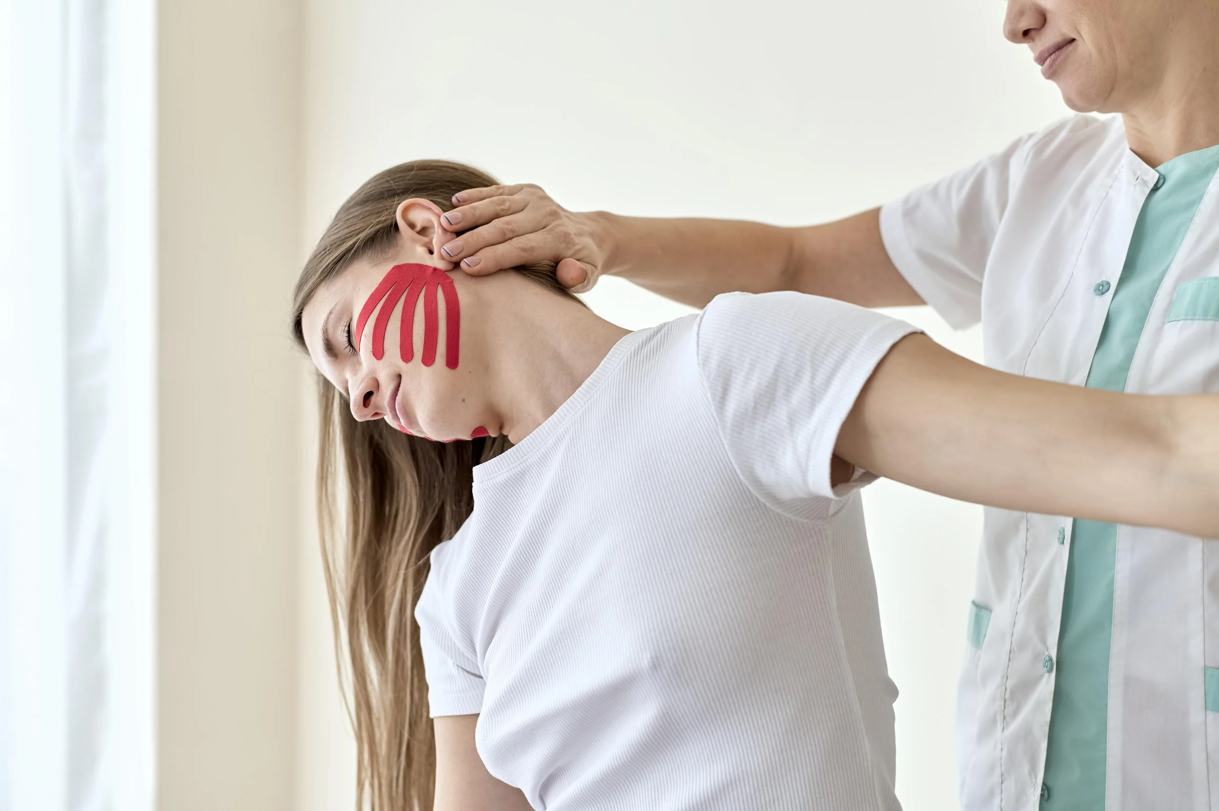 A physical therapist at Signature PT perform manual jaw mobilization and applying therapeutic tape to a patient to treat TMD and cervical alignment.