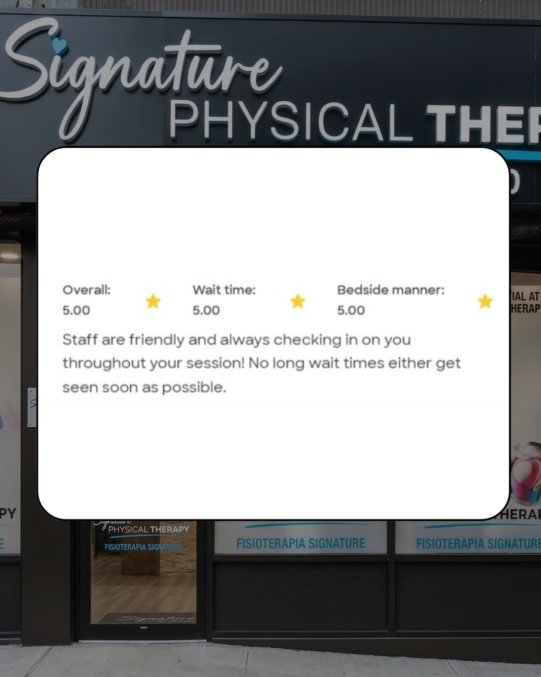 Manhattan PT review: A patient testimonial praising our friendly staff and efficient, zero-wait-time scheduling.