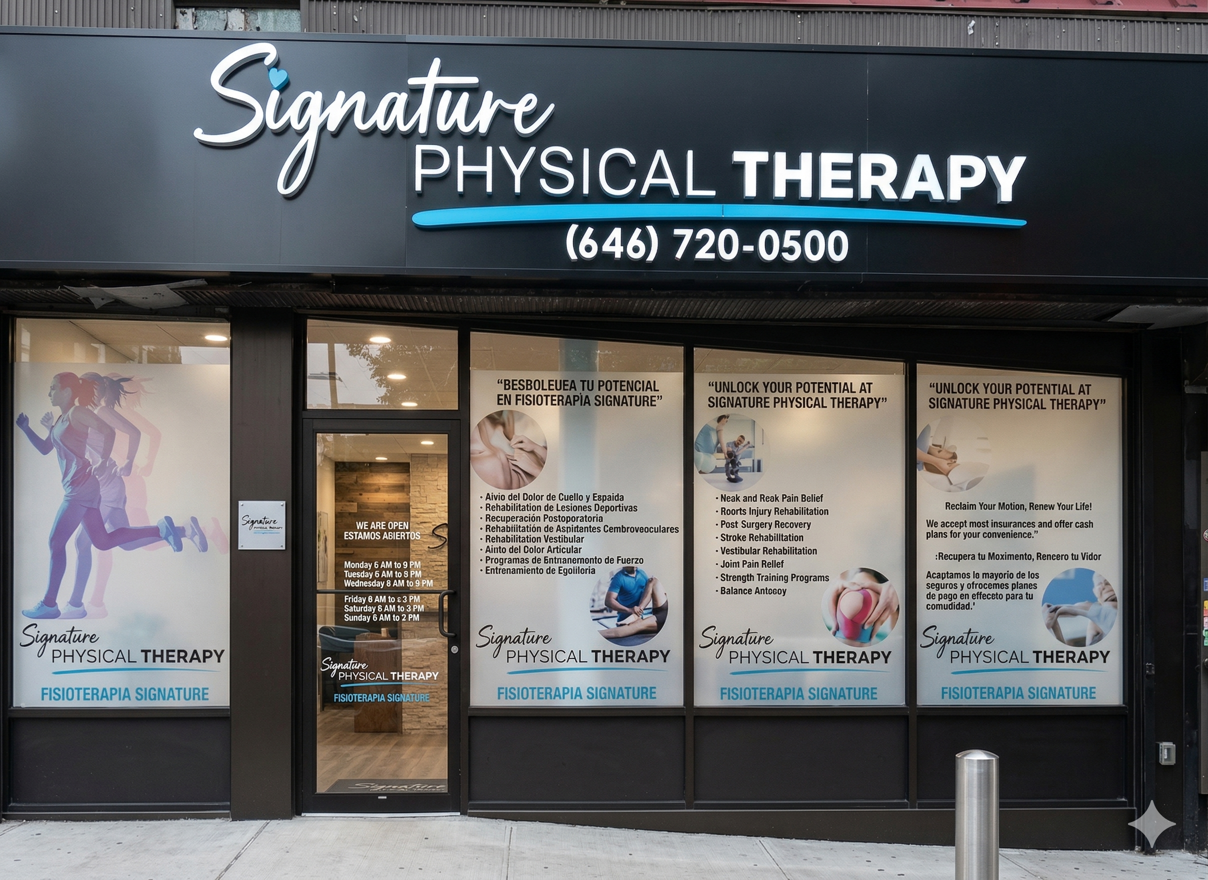 The storefront entrance of Signature Physical Therapy clinic located at 3834 Broadway in Washington Heights, NYC.