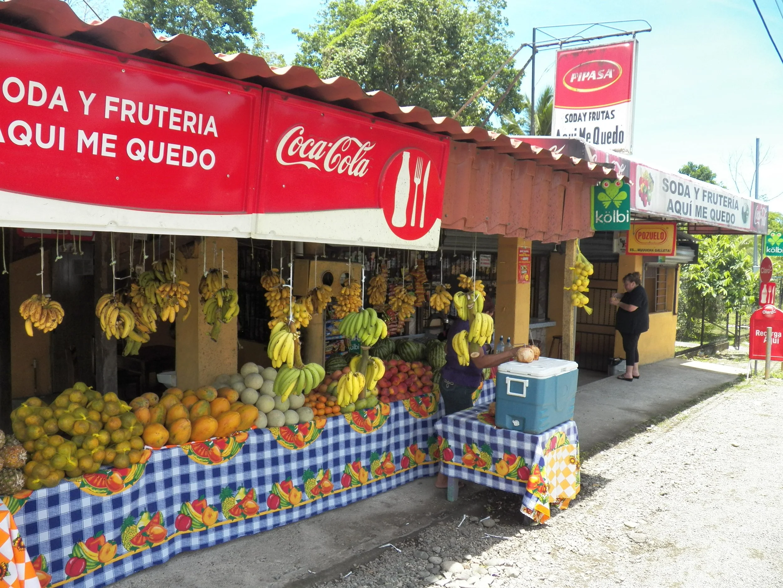 Fruit stand with bananas, melons, and other fruits, decorated with colorful checkered tablecloth, located outdoors with trees and a small building in the background.