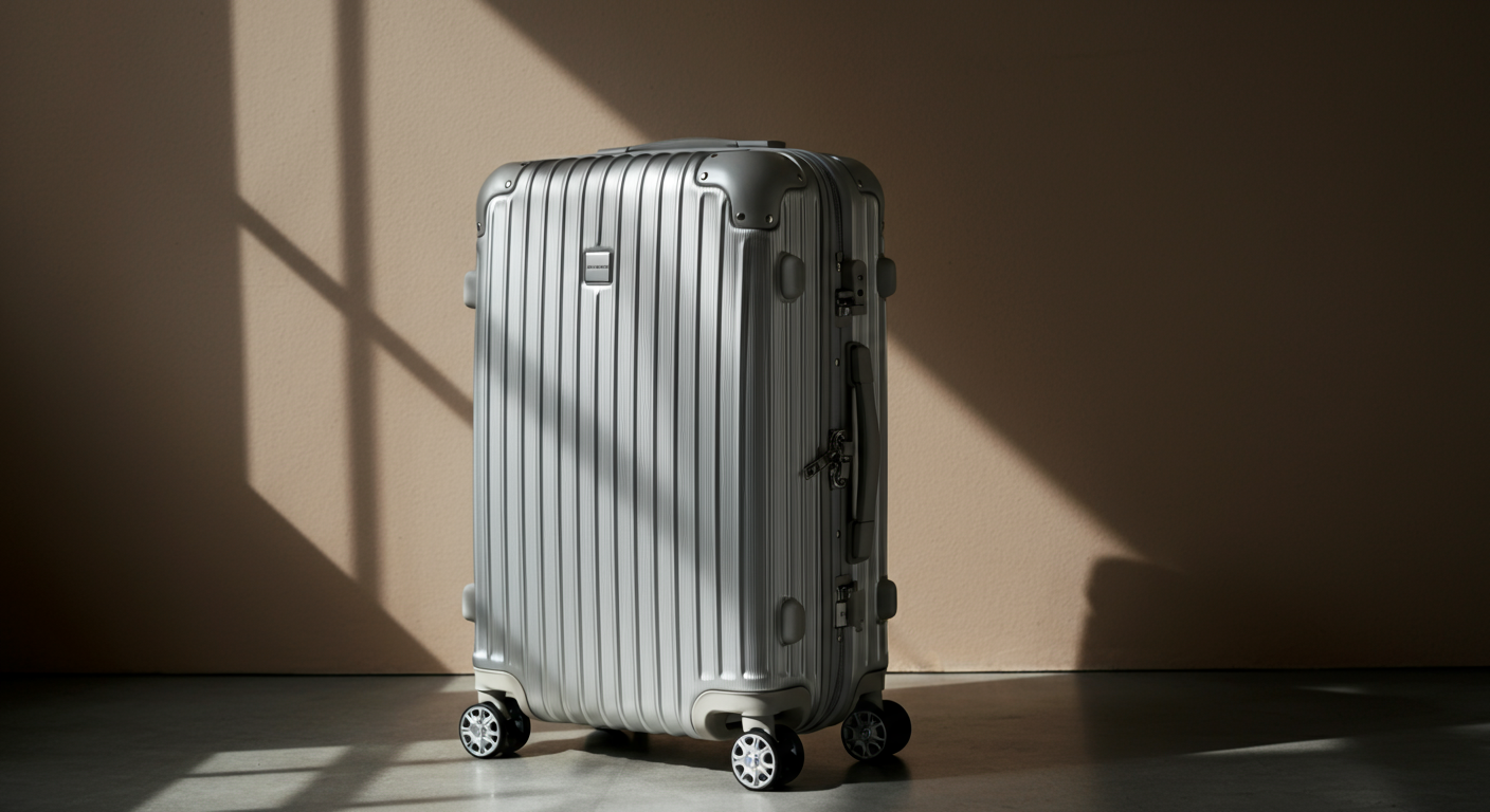 Silver hard-shell rolling suitcase standing on a wooden floor near a beige wall, with sunlight casting shadows.