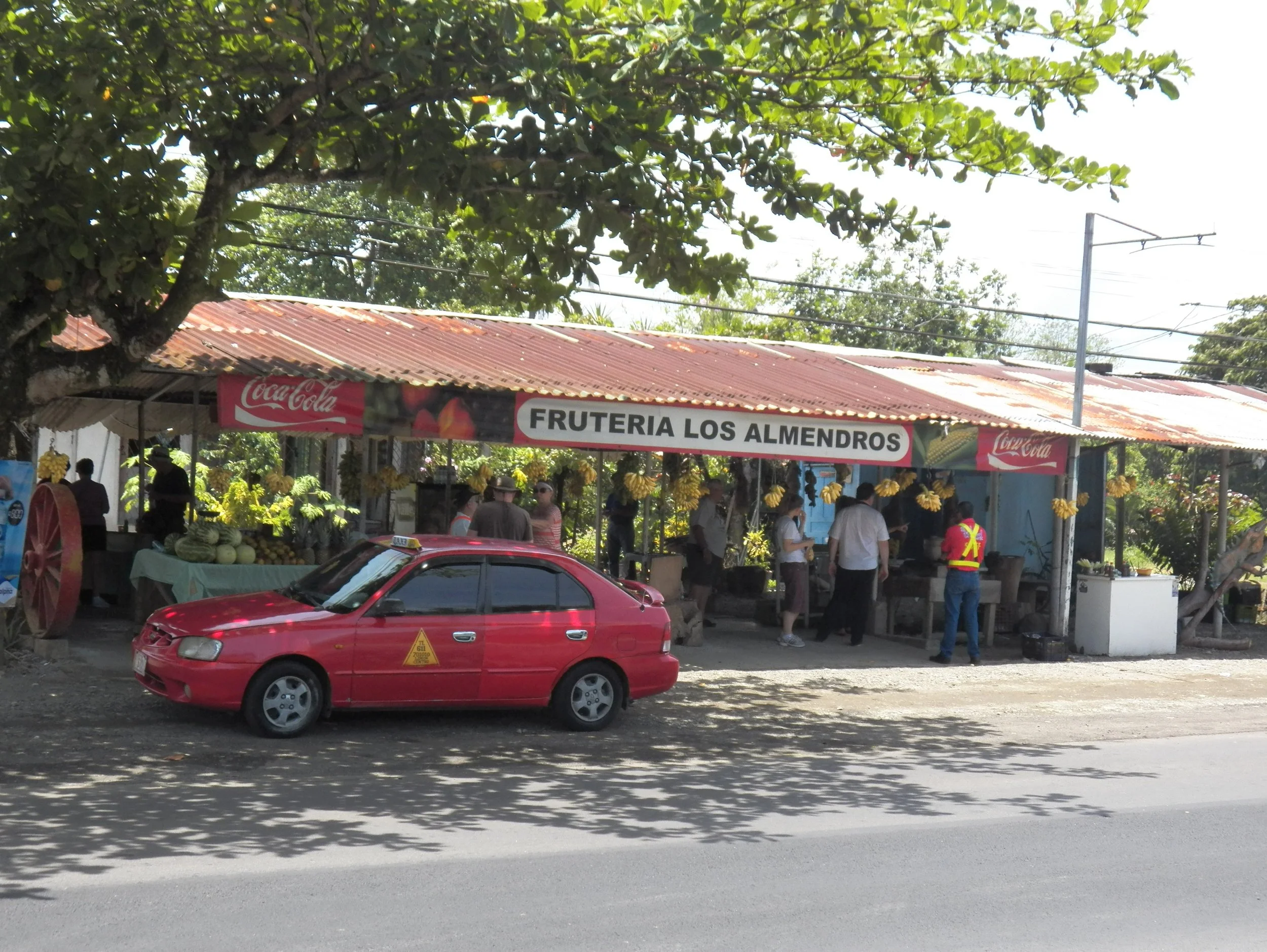 Street view of a fruit stand named "Fruteria Los Almendros" with a corrugated metal roof, with several people shopping, a red car parked in front, and a large tree providing shade.